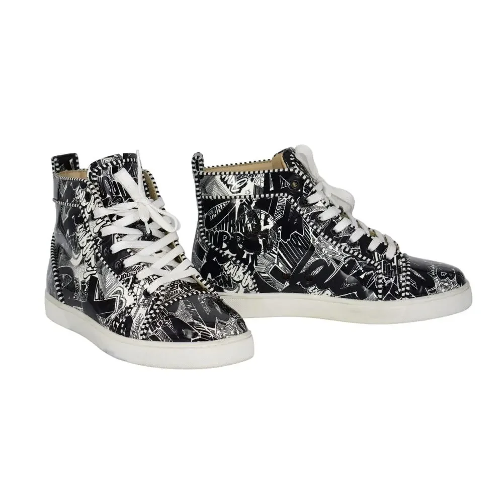 B20 NWD CHRISTIAN LOUBOUTIN Patent Blk/Wht Graffiti Hi Top Sneaker Shoes Size 40